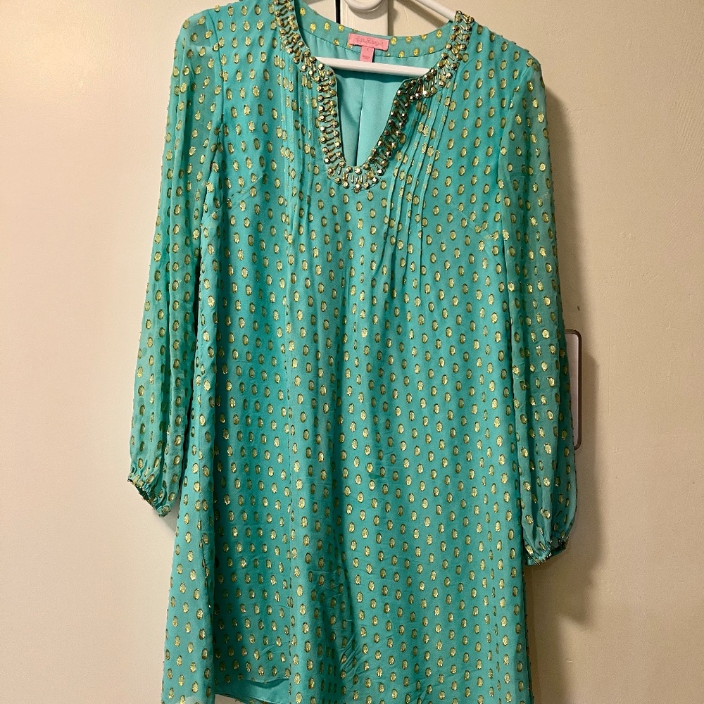 Lilly Pulitzer Teal and Gold Embellished long sleeve dress